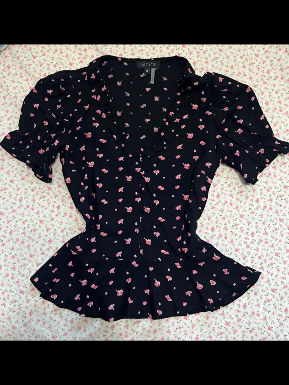 Black pink floral peplum button up top